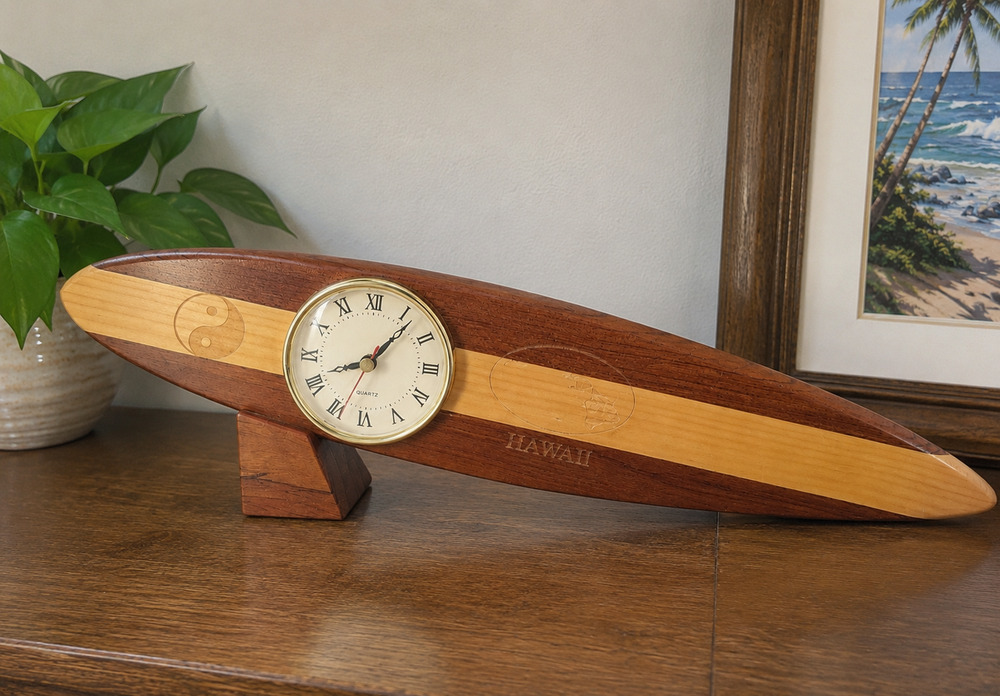 Hawaiian Surfboard Wood Desk Clock Quartz Surf Decor Hawaii Table Clock
